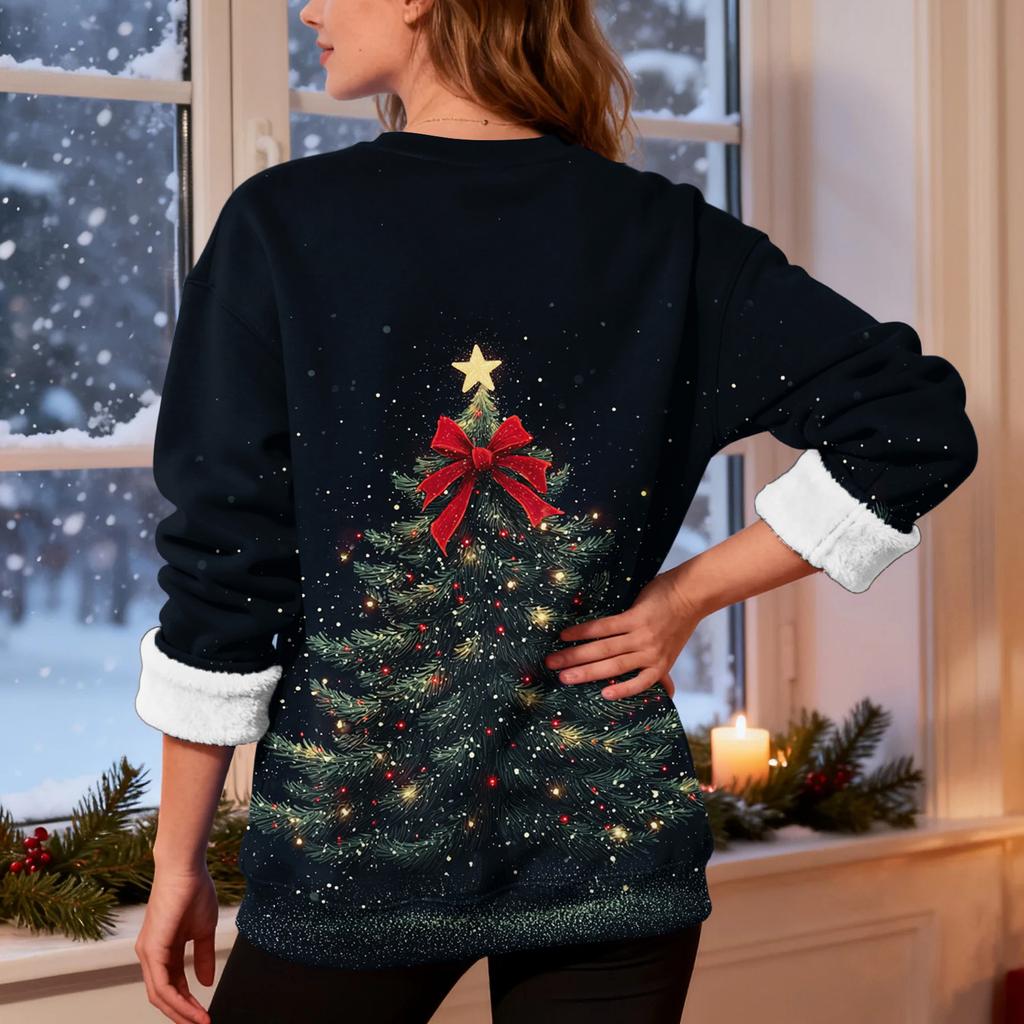 Women's Fashion Casual Long Sleeve Christmas Printed Round Neck Plus Velvet Thickened Sweatshirt