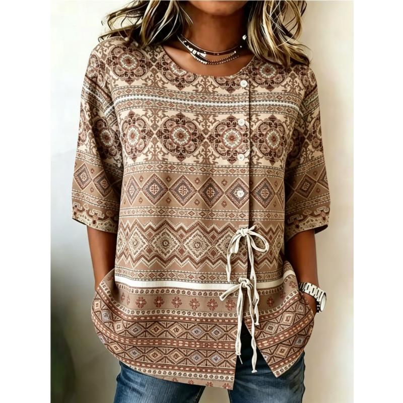 Women's Spring Summer Drawstring Blouse, Boho Aztec Geometric Print Casual Tops for Daily Street Holiday Dating & Leisure Outfit