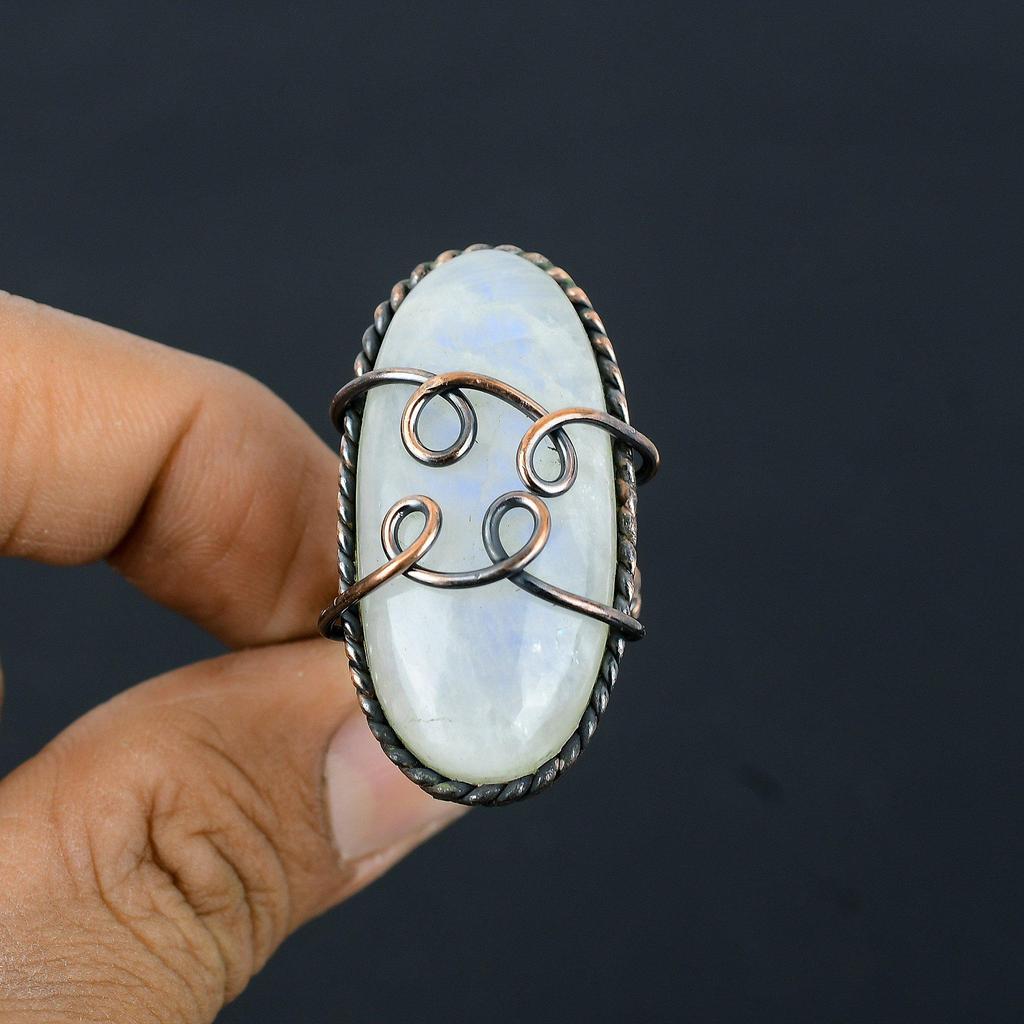 Moonstone Gemstone Copper Wire Wrapped Handmade Jewelry Ring For Wedding Gift