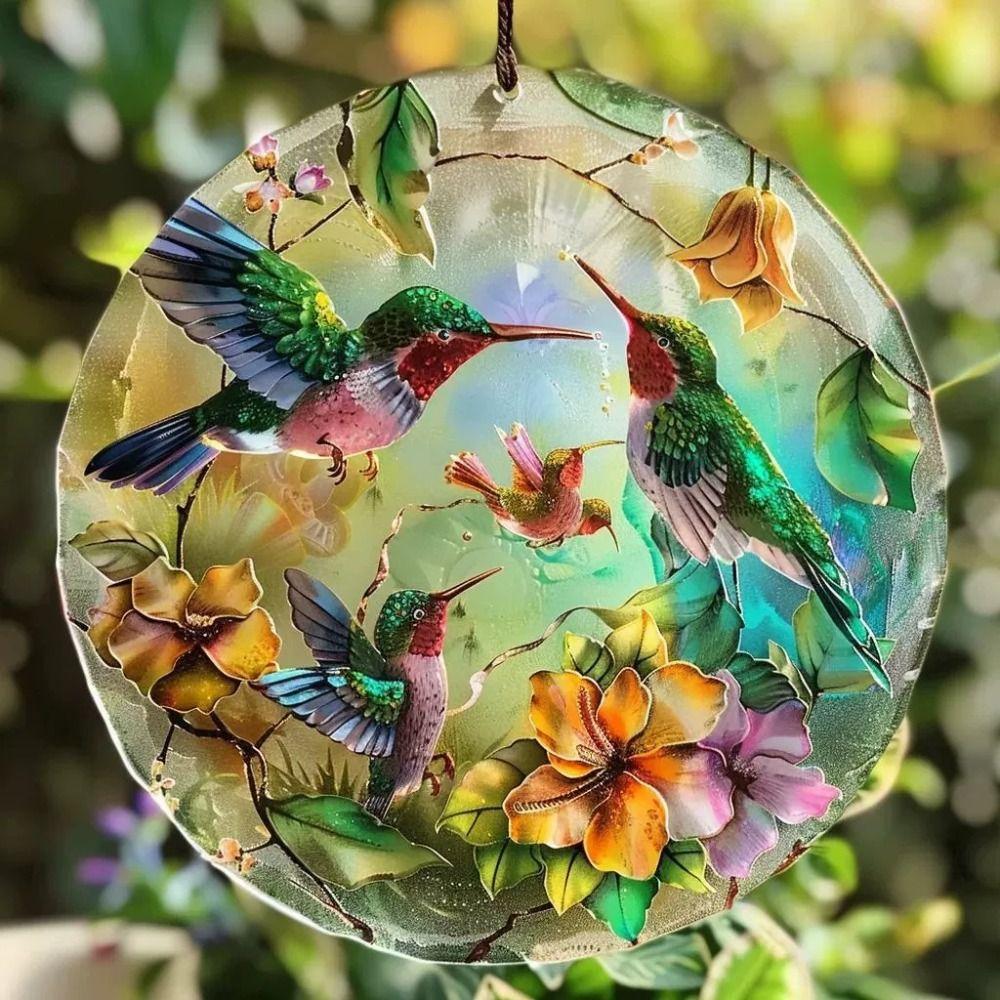 Portable Acrylic Hummingbird Hanging Suncatcher Flat Round Window Pendant Ornament Colorful Garland Decoration Window
