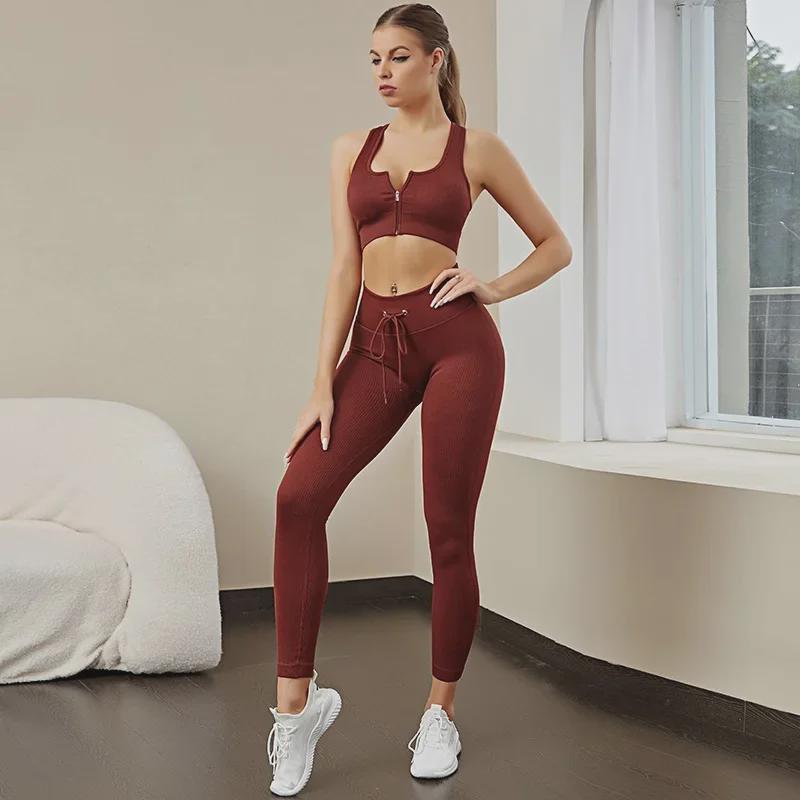 Women's Cross-Border Fitness Set: Zipper Vest, Yoga Bra, and Hip-Lifting Drawstring Pants