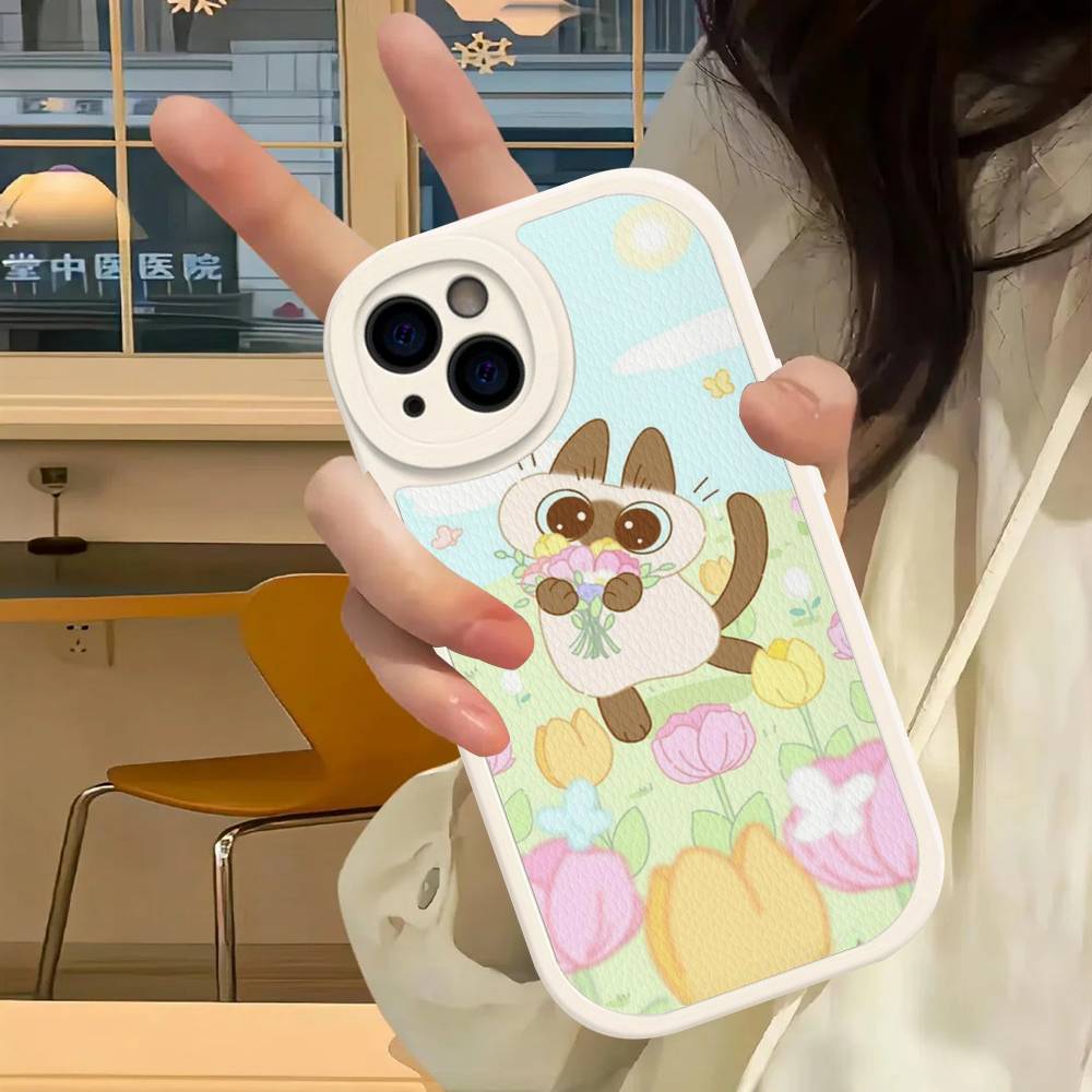 Cartoon Siamesische Katze Paar Handyhülle für iPhone 16 15 14 11 12 13 Pro Max Plus Rückseite Lederhülle