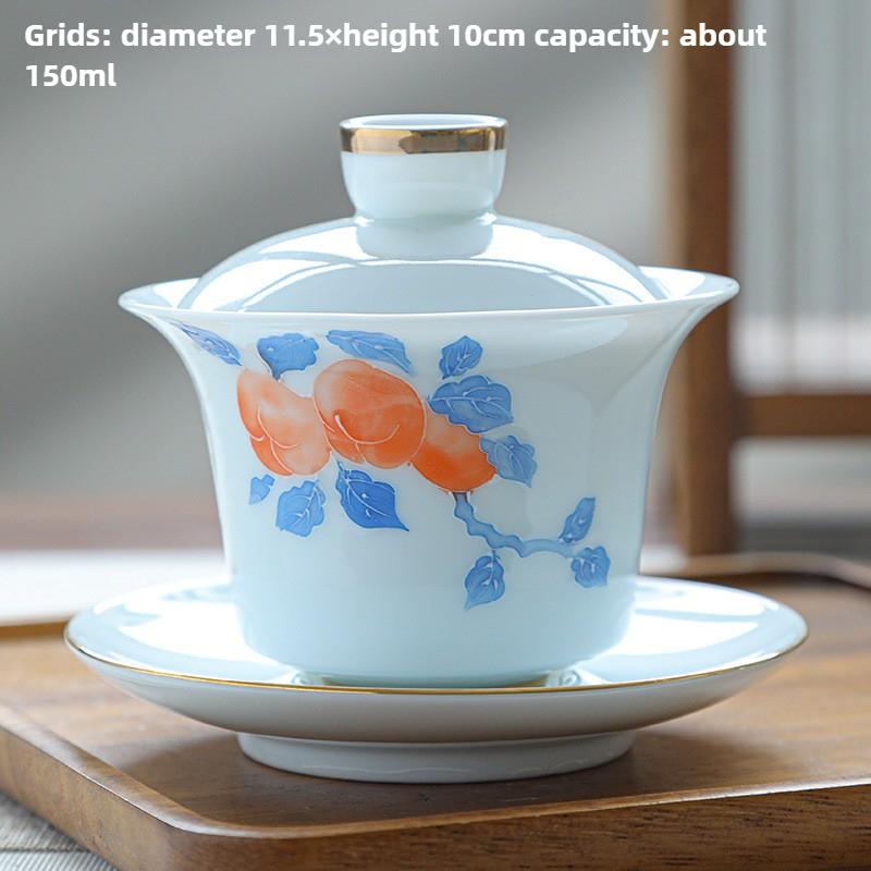 Hand-painted Cover Bowl Teacup, Single Ceramic Tea Bowl, Tea Cup, White Porcelain Three Talents Cover Bowlkung Fu Tea Set