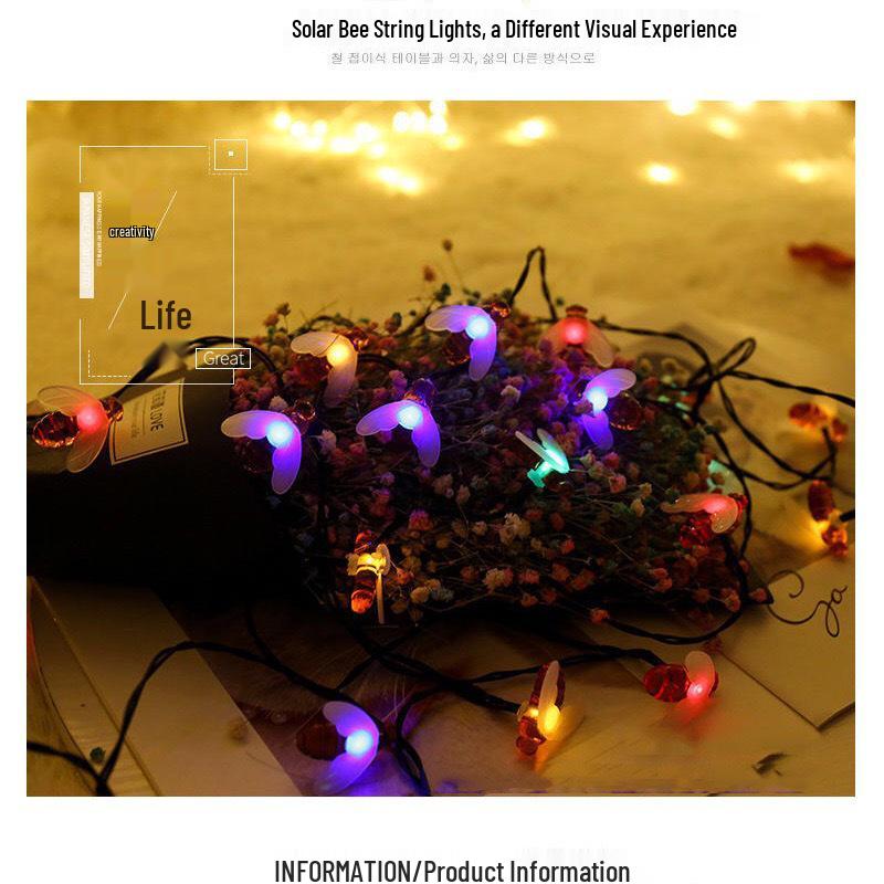 LED Solar Little Bee Waterproof Outdoor Fairy String Lights for Holiday Courtyard Decoration