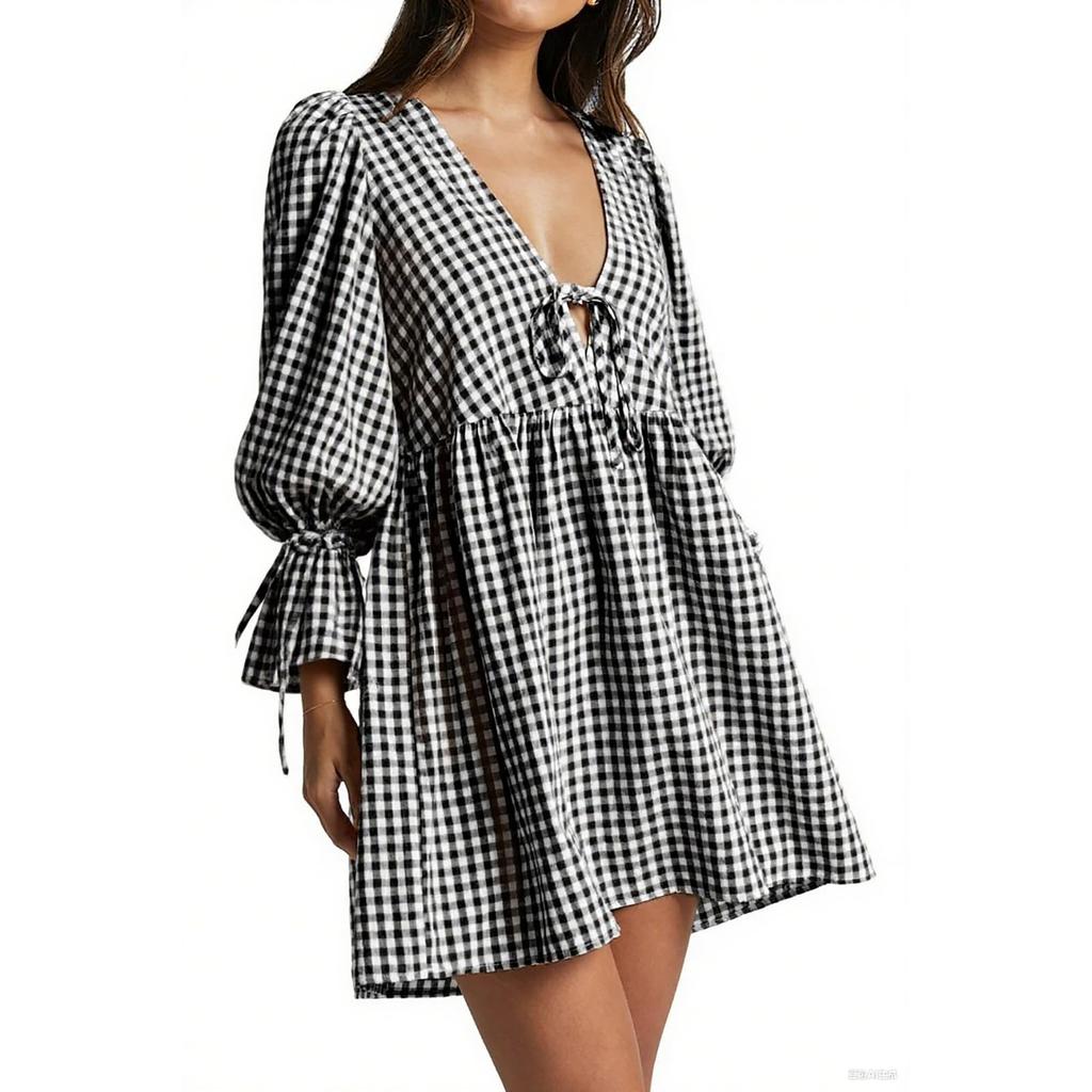 Women's  Plaid Tie-Front Babydoll Dress With Ruffles, Puff Long Sleeves, V-Neck, Peplum Waist, Sundress For Beach