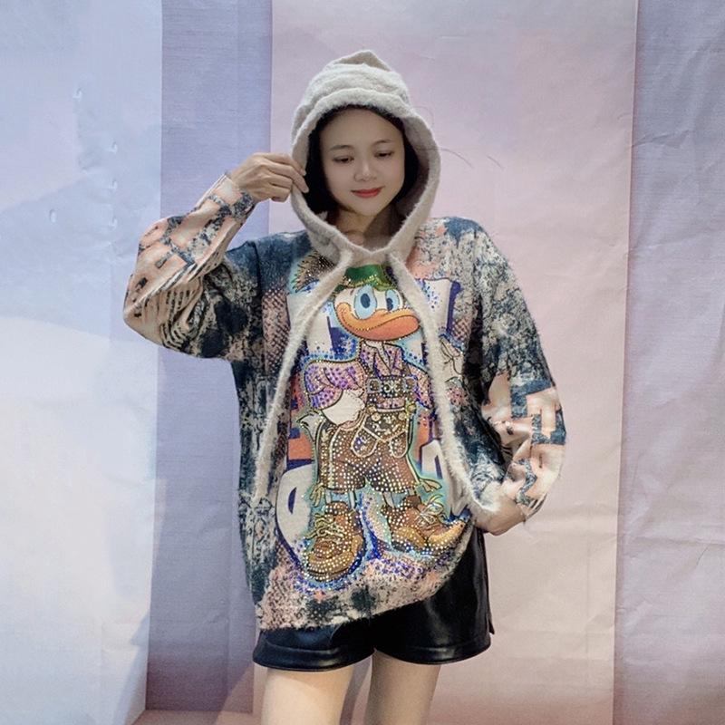 Women's Heavy-Duty Hooded Cartoon Print Sweater, Autumn/Winter 2025, Thickened Loose Knit Top in Lazy Style.