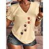 V-neck Printed T-shirt Cute Paw Print and Love Embellishment Casual Fashion Design, New In Summer