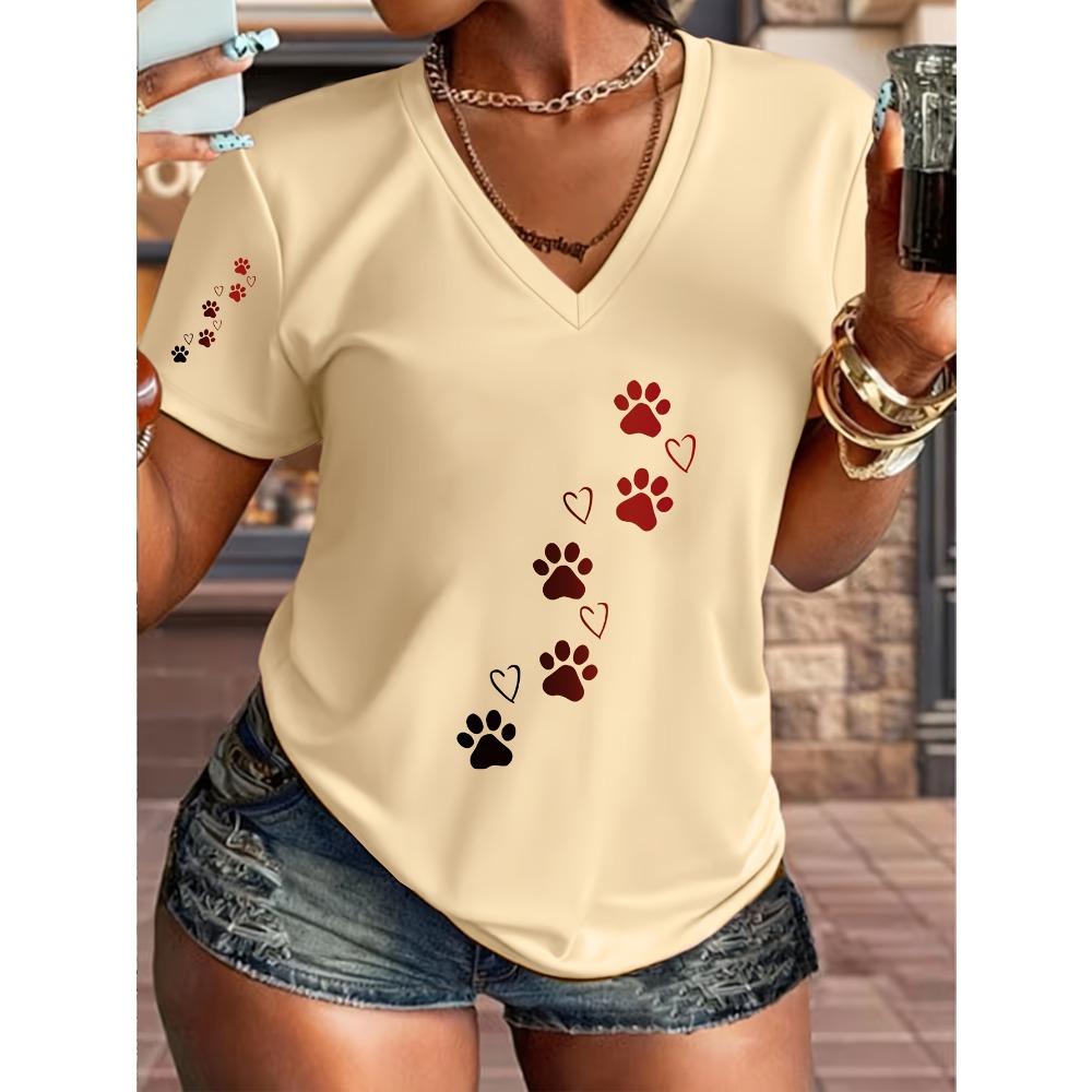 V-neck Printed T-shirt Cute Paw Print and Love Embellishment Casual Fashion Design, New In Summer