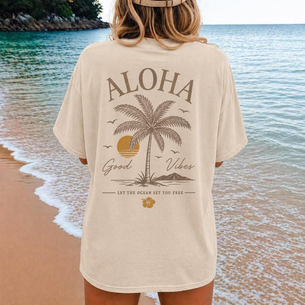 Aloha Good Vibes Shirt Hawaiian Beach Tee Tropical Vacation Tshirt Surf Graphic Shirt Summer Ocean Lover Gift Top