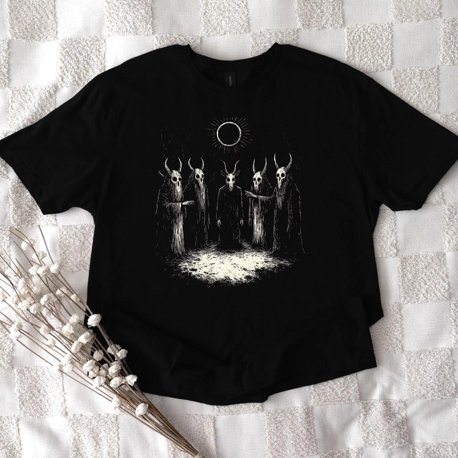 Рубашка в стиле фолк-хоррор_ Готическая оккультная ритуальная Темная коттеджкор футболка Графические футболки Ретро уличная одежда Футболка с коротким рукавом Топы S чёрный