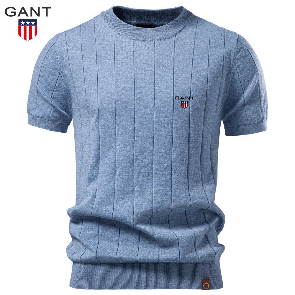 Gant Nova Camiseta Masculina de Algodão Bordada de Alta Qualidade com Gola Redonda e Mangas Curtas de Lã - Coleção Primavera/Verão