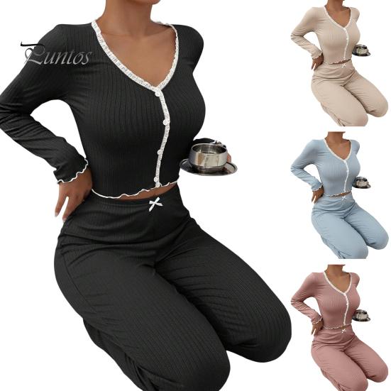 2 Adet/Takım Bahar Kadın Üst Pantolon Takım Uzun Kollu V Yaka Dantel Büzgülü Kenar Kırpılmış Üst Elastik Bel Pantolon Kıyafet Ev Giyim Pijama Takımı