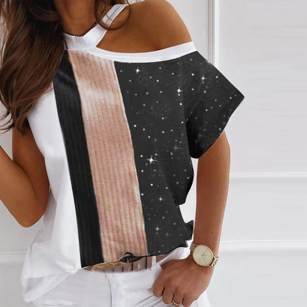 Women's Fashion Print Loose Shoulder Casual Short Sleeve T-shirt Top Blouse