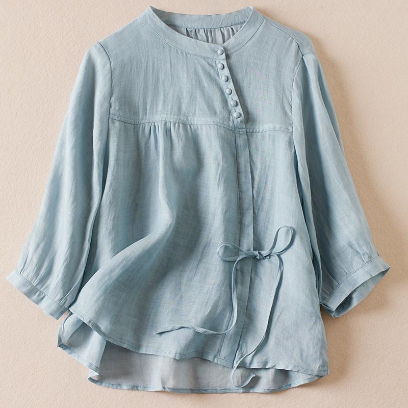 Unregelmäßiger Rundhalsausschnitt Sieben-Minuten-Ärmel Shirt Frühling und Sommer Neu Literarisches Temperament Locker Übergröße Lässige Bluse