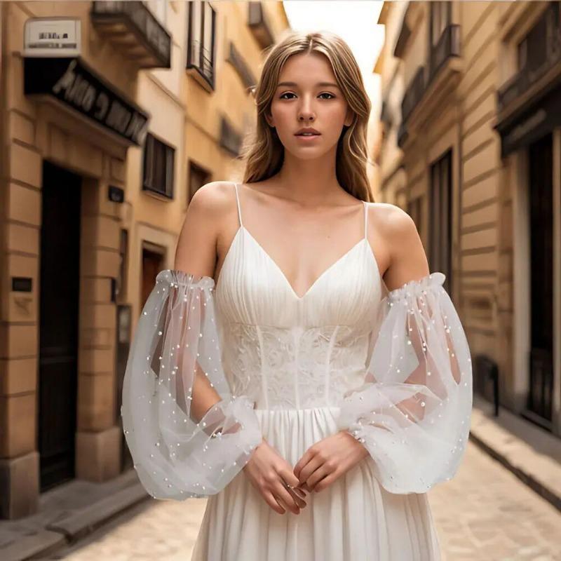 Braut Transparente Netz Perlen Armstulpen Hochzeitskleid Lang Dekoration Tüll Ärmel Kostüm Accessoire