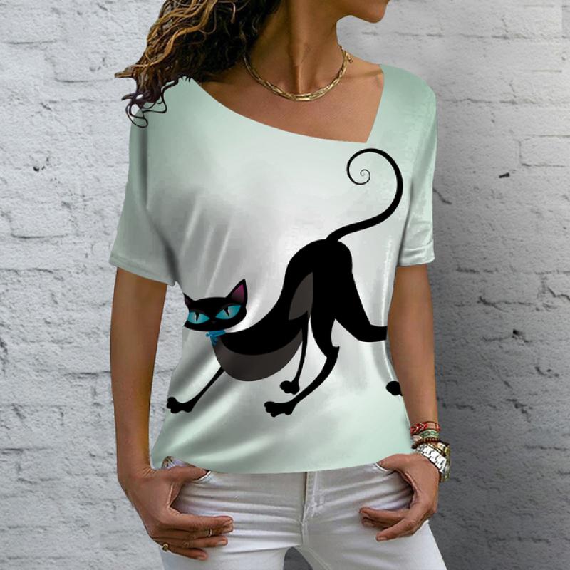 Roztomilá dámská trička Letní 3d Butterfly Cat Potisk Topy Tričko Street Denní oblečení s výstřihem do V Tričko nadměrné velikosti pro ženy Oblečení