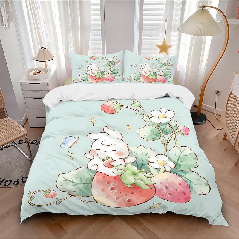 3pcs Strawberry Rabbit Bedding Set - 1 Soft Quilt Cover + 2 Pillowcases, Machine Washable - Suitable for All Seasons M096
