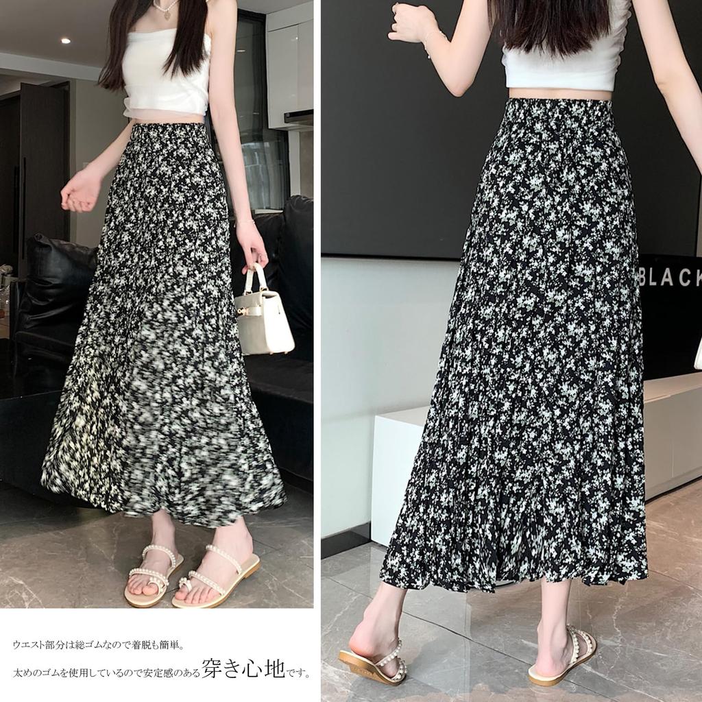 Pleated Solid Floral Long High Relaxed Elastic Everyday [CCGGOWMM] Women's Skirt, Color, Print, Skirt, Lined, Waist, Simple, Slimming, Fit, Waist,