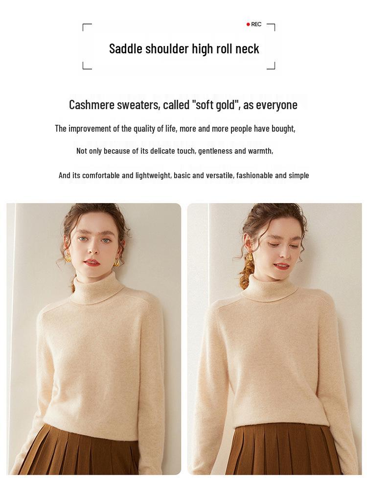 Women's High Neck Saddle Shoulder Cashmere Sweater - Solid Color, Versatile, Loose Knit Knitwear for Autumn/Winter