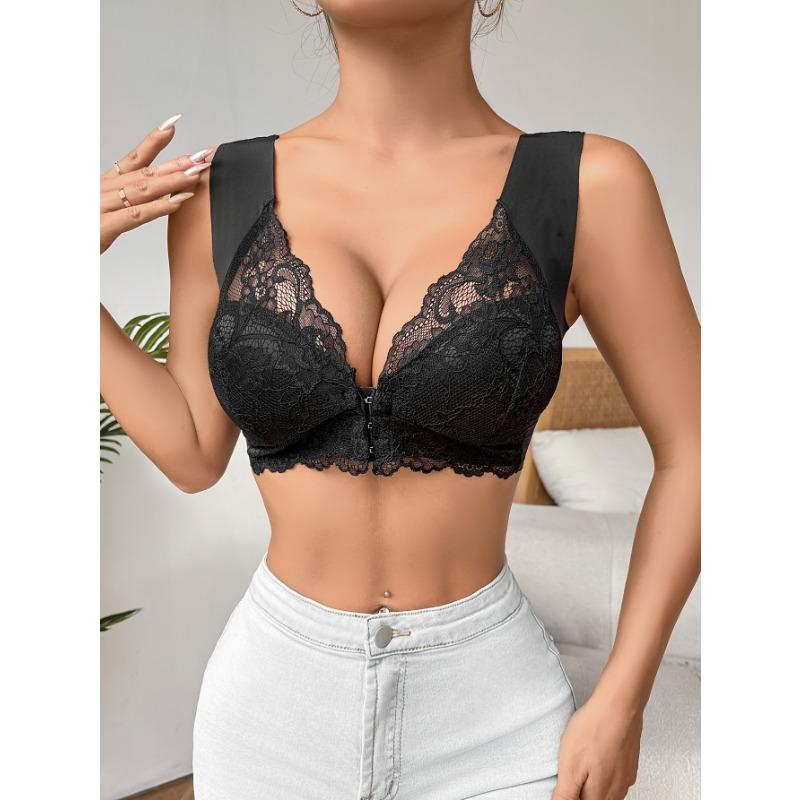 Simple Solid Contrast Lace Front Buckle Bra, Comfy & Breathable Wireless Push Up Bra, Women's Lingerie & Underwear
