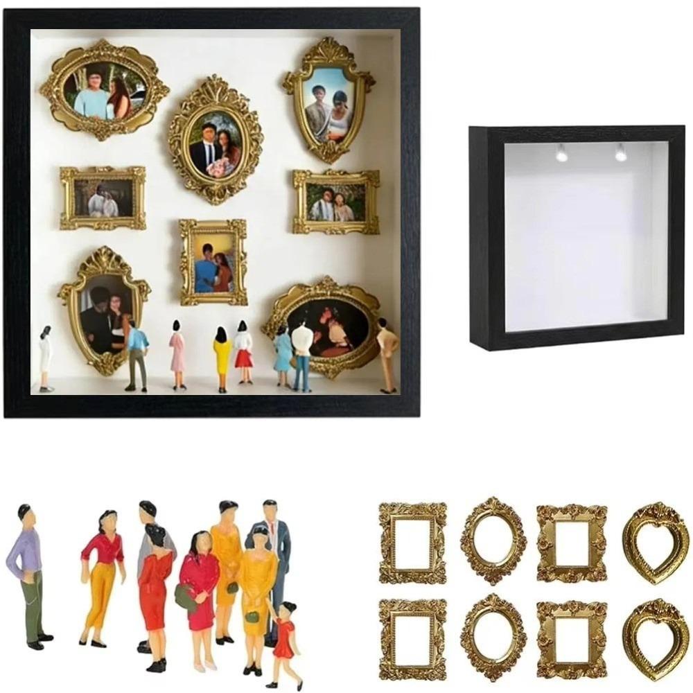 

Mini Figurines DIY Mini Museum Silhouette Box Memory Preservation Gold Frames Shadow Box Frame LED Light String Scrapbook Album чорний