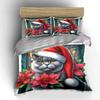 Christmas Cat with Poinsettias Bedding Duvet Cover Set  (1*Duvet Cover 2*Pillowcases, without duvet insert)