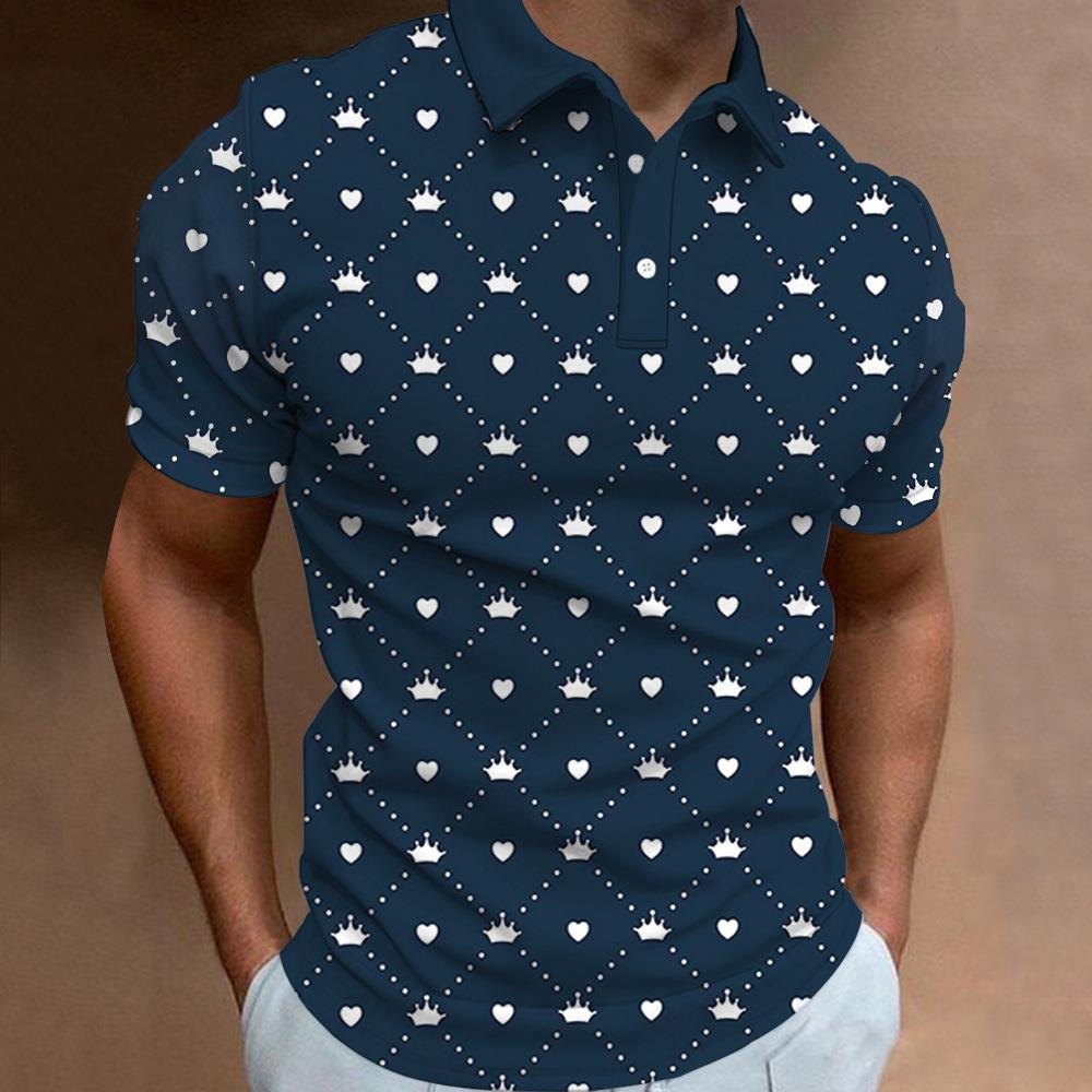 Short Sleeve Polo with Crown & Heart Print, Stylish Casual Top