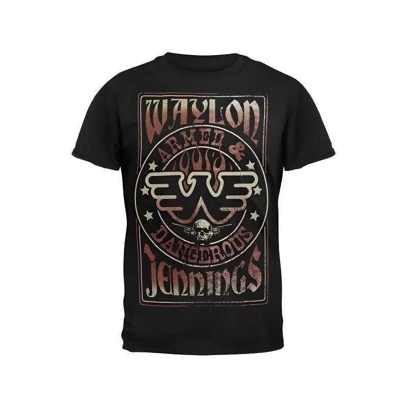 

European Size [Plus Size Vintage Graphic T-Shirt] Black Polyester Plus Size Casual Tee - Features WAYLON in Reddish-Brown with Distressed Effect S