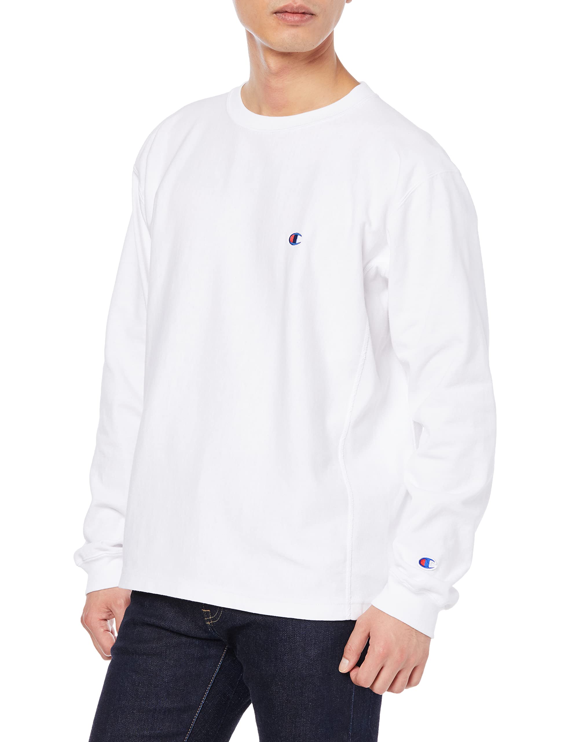 

Champion Long Sleeve Crew Neck Reverse Size Size L Men s T-Shirt, 100% Cotton, 9.4oz, One-Point Logo, Weave, C3-W403, White, белый