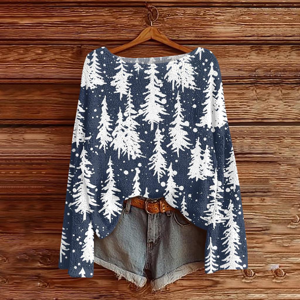 Ladies' Fashionable Casual Long Sleeved Christmas Printed Round Neck Knitted Yarn