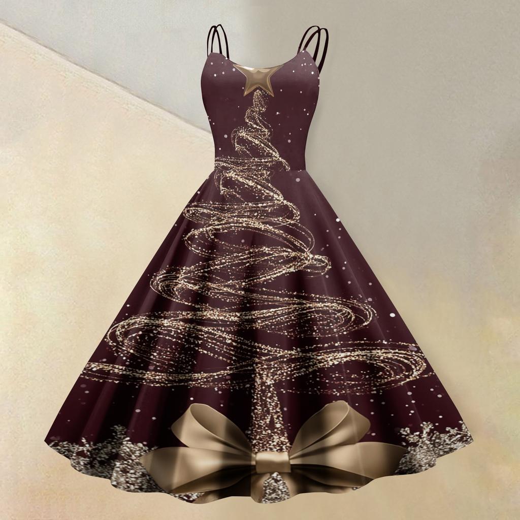 Women's Casual Sleeveless Round Neck Dress with Christmas Print for Holiday Party