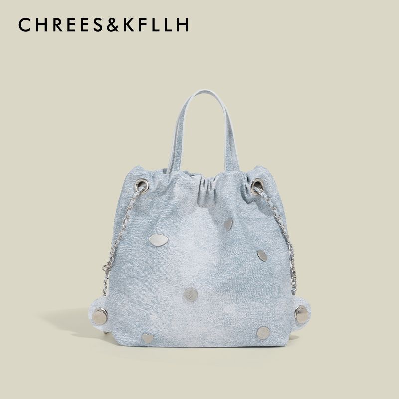 

Chrees & Kfllh Niche Design Chain Bucket Bag Women 2025 New Large Capacity Shoulder Messenger Bag Denim Blue