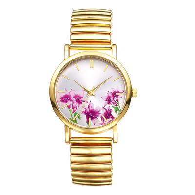 Women's Floral Pastoral Design Watch: Waterproof, Analog Display, Quartz Watch with Adjustable Length, Elastic Band, Gold, Stainless Steel, Large
