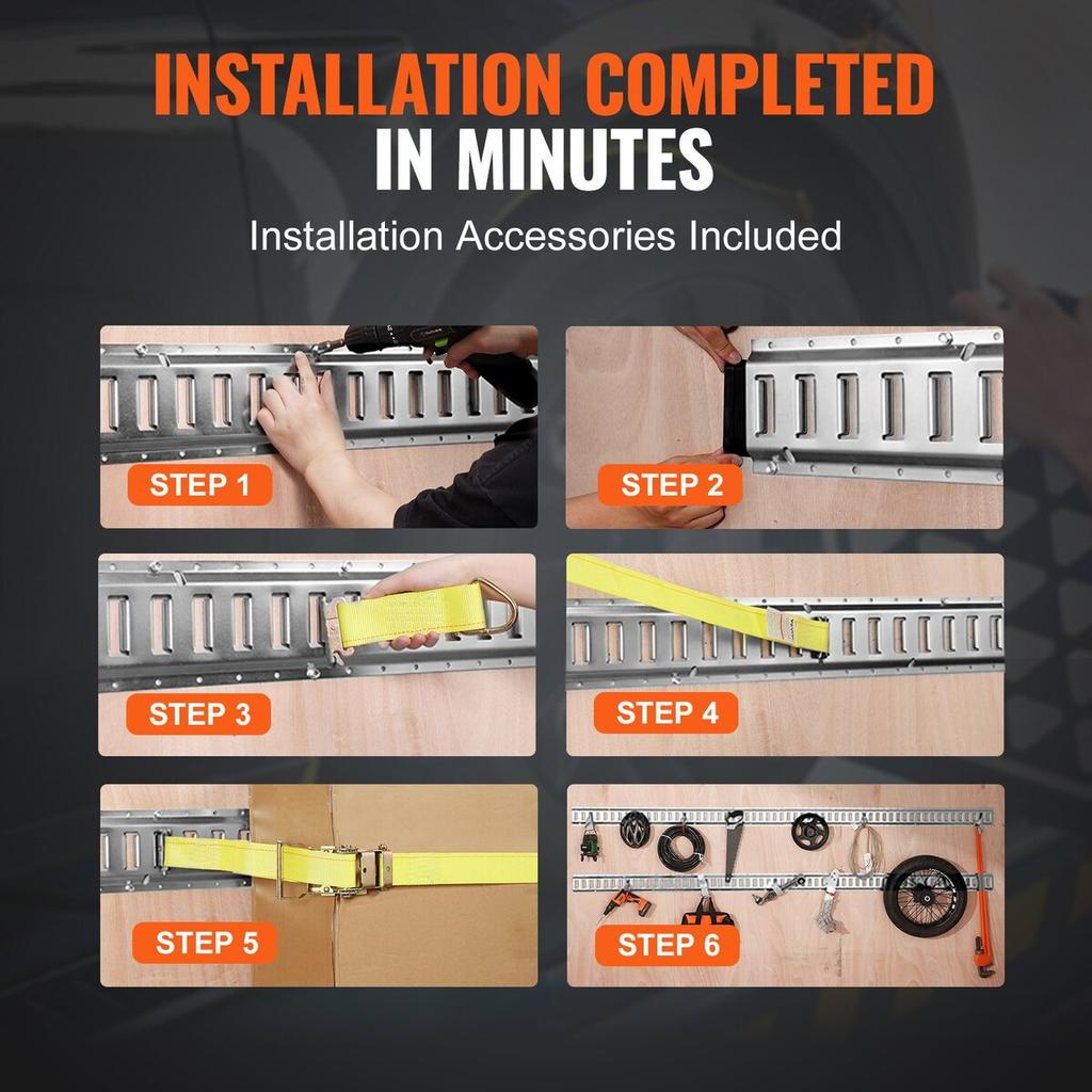 Kit de rail d'arrimage E-Track, Ensemble de 34 pièces de 5 pieds de rails E comprenant 8 rails en acier et 2 fentes simples et 8 anneaux en O et 8 attaches avec anneau D et 8 embouts, Sécurisation