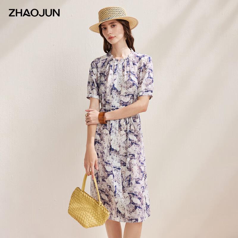 Zhaojun Women s Floral Print Silk Tie-Waist Midi Dress XL