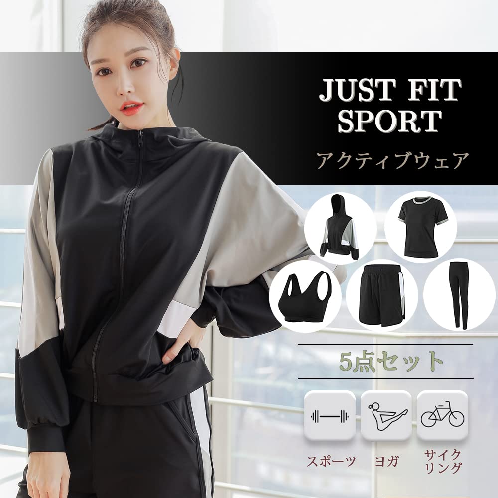 DawnRain Sportswear Set for and Includes Short and Leggings Women's 5-Piece Running, Fitness, Walking, Training, Top, Sleeves, Pants, Shorts,