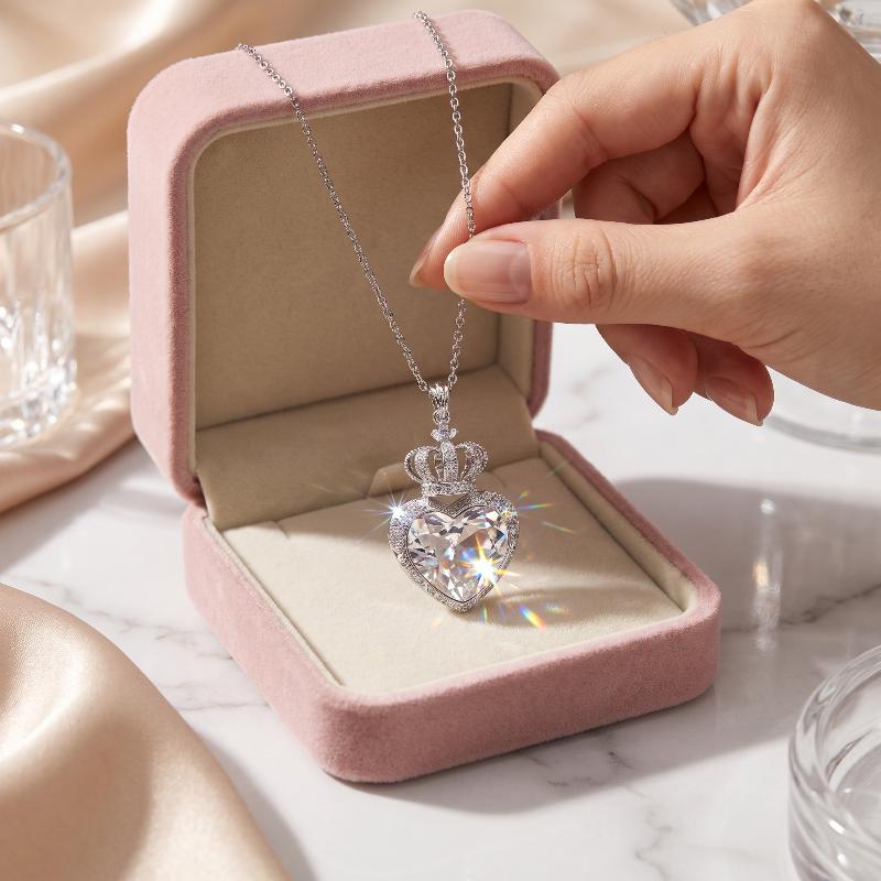 Crown Heart Shape Crystal Pendant Necklace Sweet Girly Elegant Shiny Clavicle Chain Daily Versatile Women Neck Jewelry