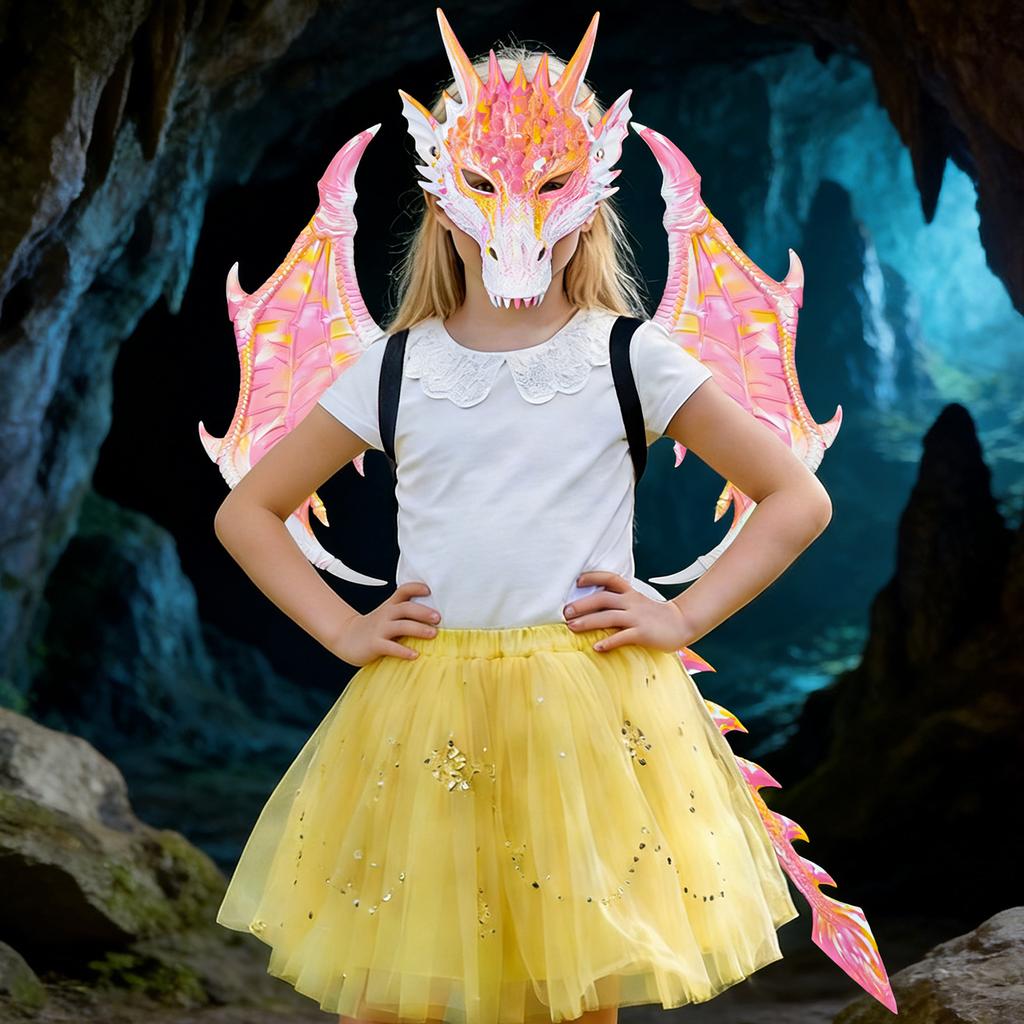 Dragon Wing Mask and Tail Set Dinosaur Cosplay Set for Kids Girls Boys Halloween Dragon Costumes for Theme Party Decor