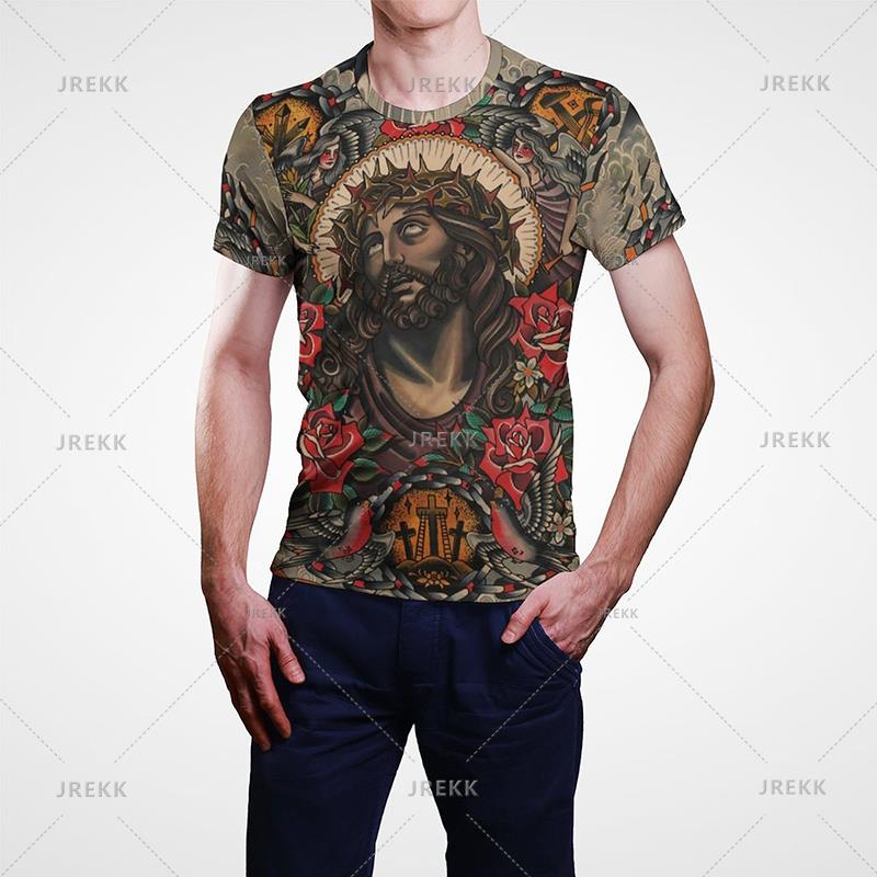 Summer Round Neck 3D Christ Jesus Print Top Fashionable Casual Short Sleeved Men's T-shirts