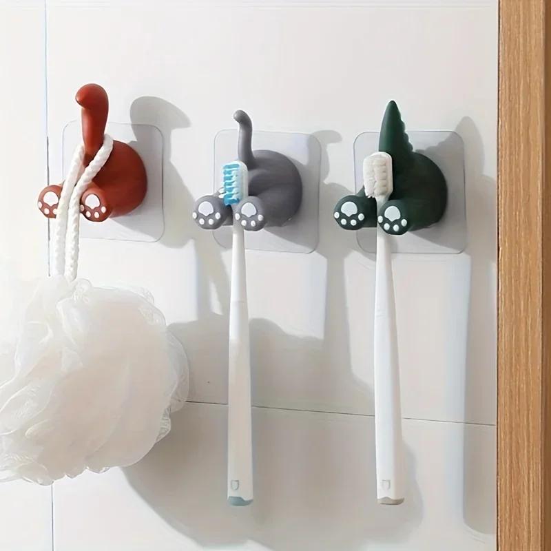 1PC-Cute Toothbrush Holders, Wall Mounted Toothbrush Storage Rack,Funny Cartoon Animal Tail Hook, Wall Cute Hanger, Bathroom