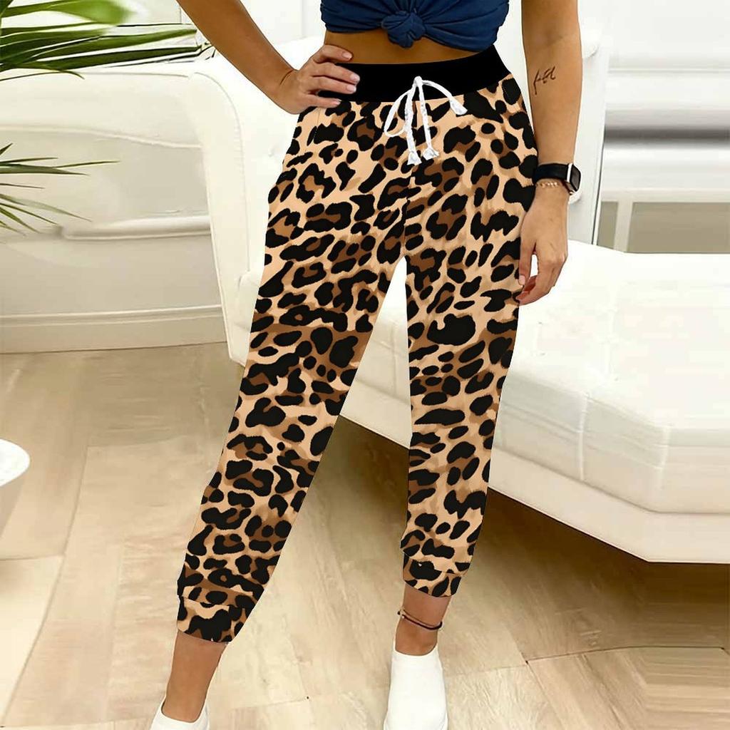 Summer Ladies Leopard Printed Sweatpants Loose Fit Drawstring Joggers Elastic Cuff Daily Casual Pants