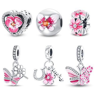 100% 925 Sterling Silver Heart Shaped Sakura Butterfly Pink Flowers Charms Beads Fit 925 Original Bracelets Fine Jewelry