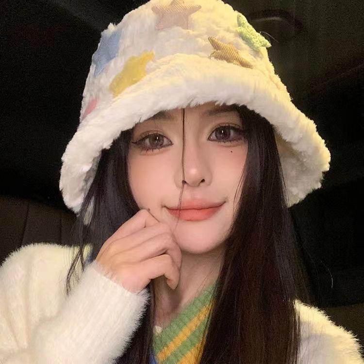 Women's Autumn and Winter New White Star Hat Thickened Ear Protector Winter Fluffy Widened Fluffy Cute Bucket Hat