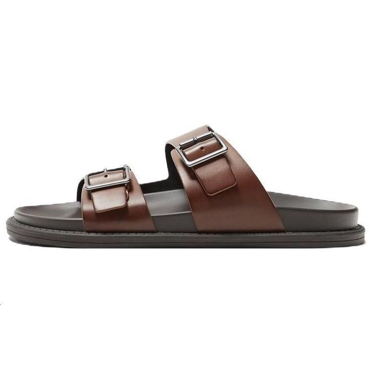 ZARA Double Strap Decorative Buckle Silent Slide Sandals Men Sandals Brown 2700220700