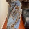 Damen Blumenprint Jeans Weite Passform Denim Hose Japanische Ästhetik Retro 2000er Abi Y2K Harajuku Cowboy High Street Chic