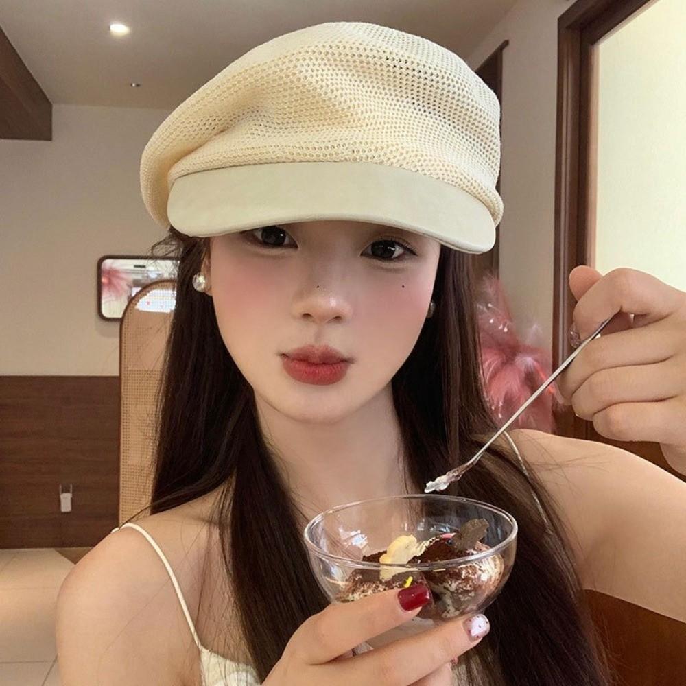 Thin Hollow Knitted Beret Korean Beanie Cap Retro Painter Berets Female