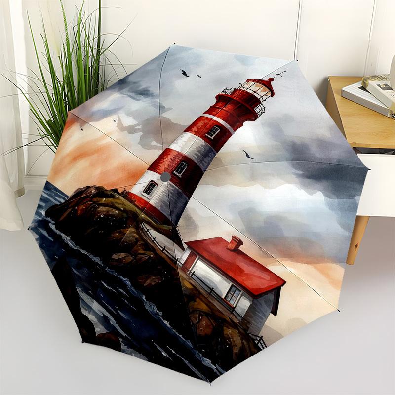 1pc Lighthouse Sea Automatic Folding Umbrella, Heavy Duty 8 Rib Iron Frame,  Suitable for Travel, Daily Use, Birthday, Decor Gift M0105115