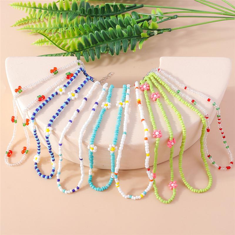 Summer Boho Korea Lovely Flowers Seeds Beaded Necklace Statement Short Collar Choker Necklace for Women Vacation Jewelry Gifts