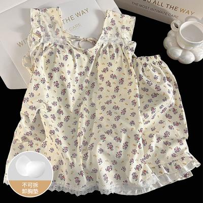 Short à bretelles floral avec coussinets de poitrine pyjama imitation coton pour femmes été style pure désir loungewear