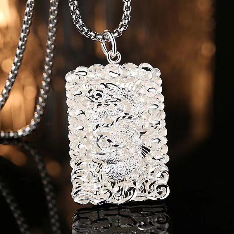 Silver-Plated Dragon Pendant Necklace with Chinese Fu Character - Double Layer Hollow Design
